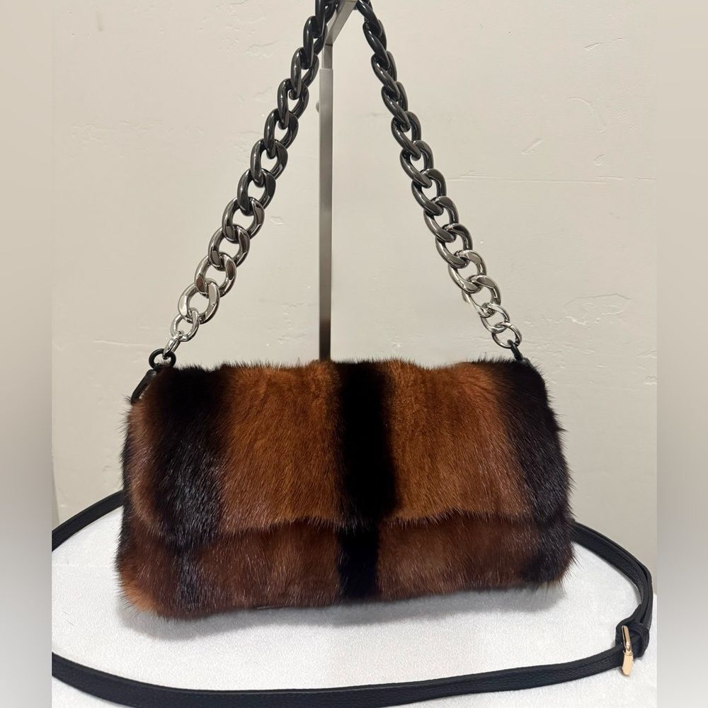 Brown Gradient Real Mink Fur Handmade Baguette Shoulder Bag, Multi Use Style